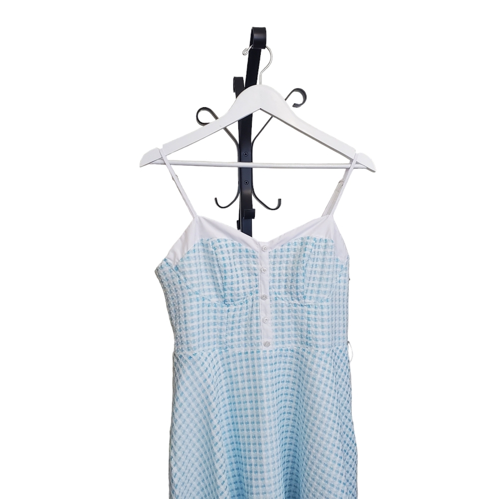 Unique Vintage Light Blue Gingham Midi Dress - Picture 4 of 7